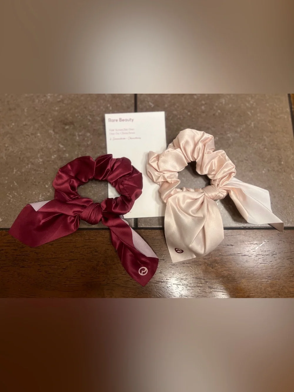 Rare Beauty Satin Scrunchie Duo in burgundy& Pale champagne limited edition NEW - Picture 1 of 4